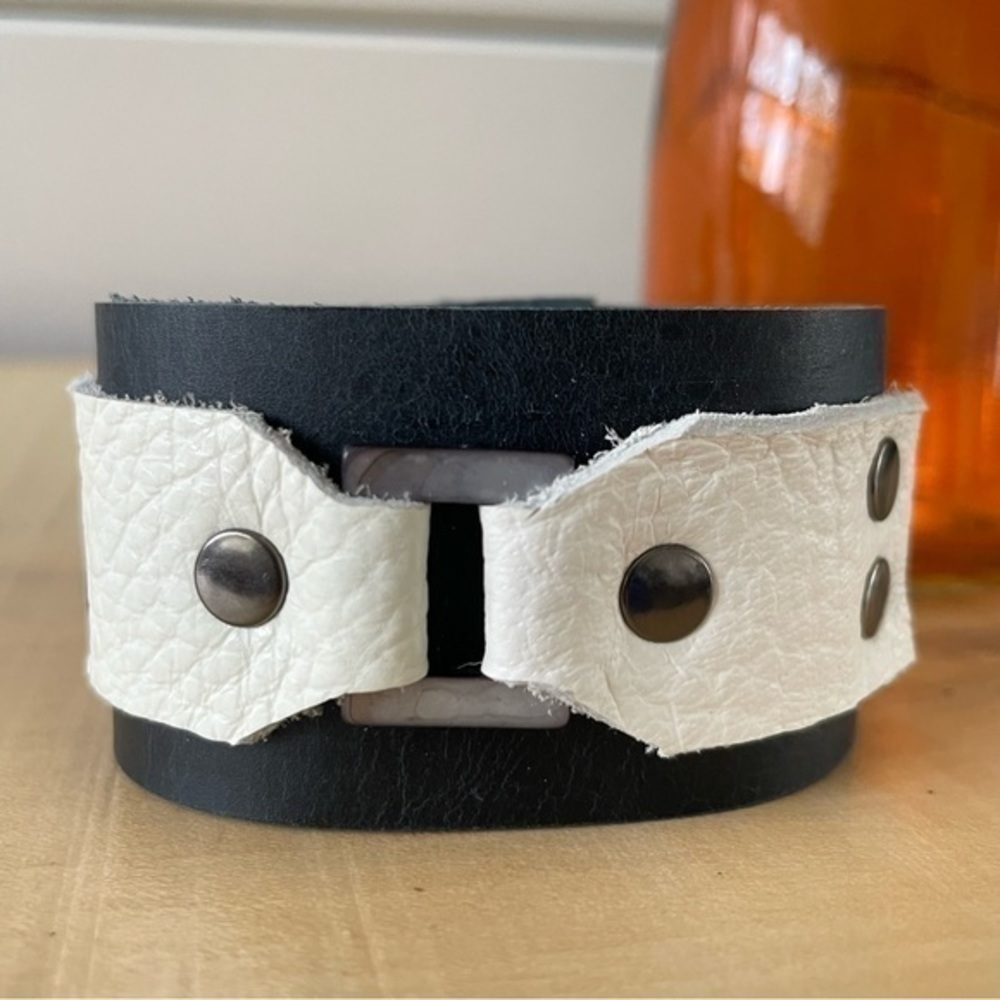 $49 SALE Handmade Leather Cuff Bracelet 7” Dark Blue White Gunmetal Men Women - Picture 8 of 8